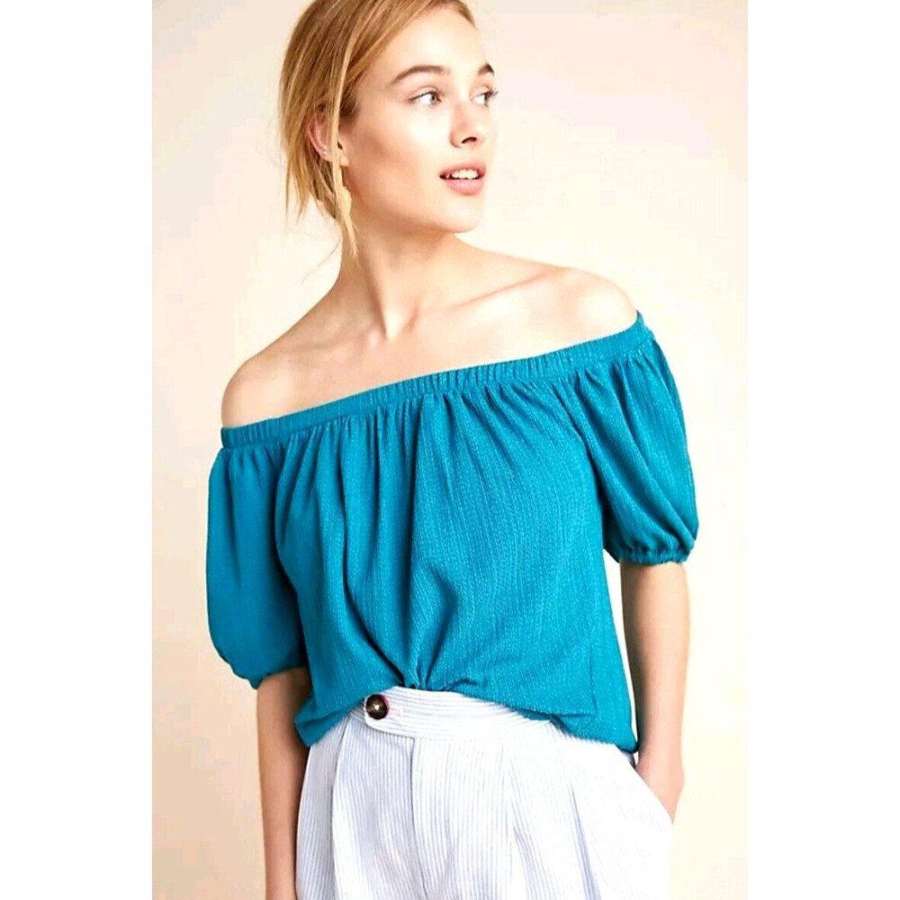 ANTHROPOLOGIE Teal Off Shoulder Top Sz Small Short Sleeves Stretchy Boho